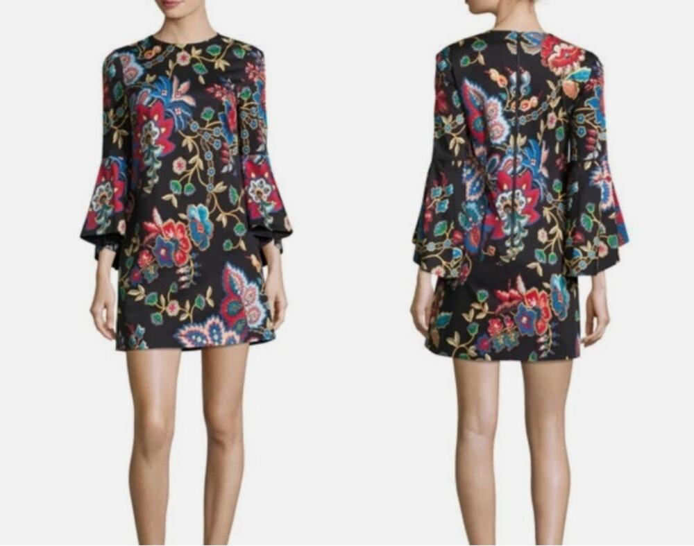 Alice + Olivia Dress 12 Black Floral Bell Sleeve Shift Mini Boho Statement
